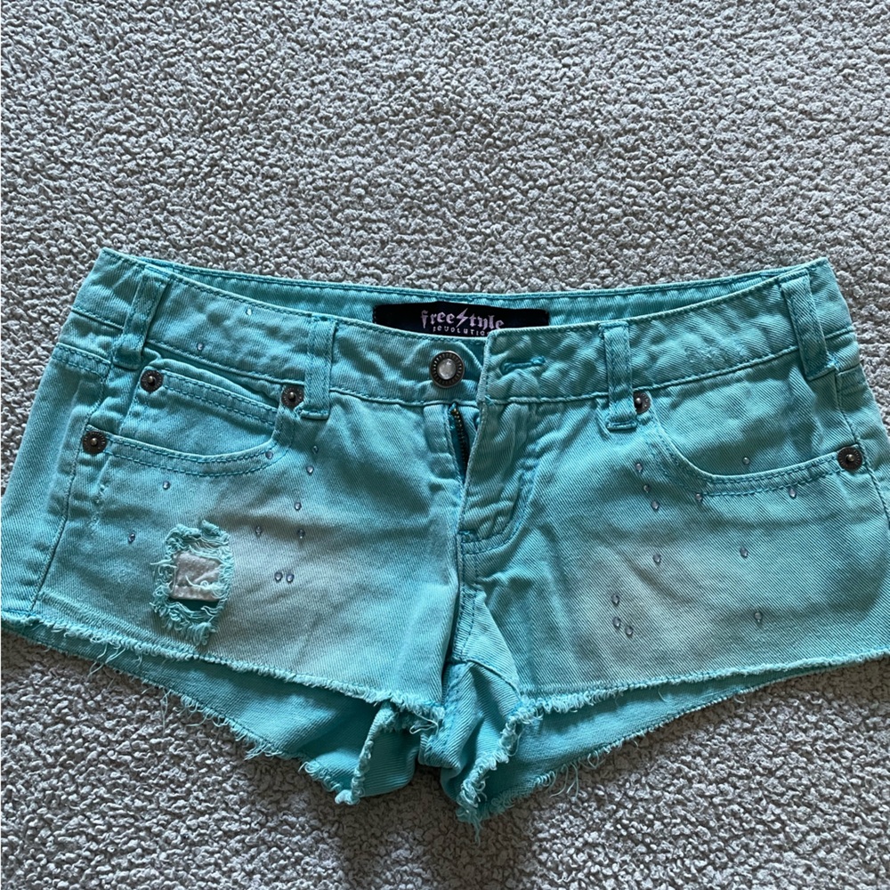 Teal Cut Off Denim Shorts